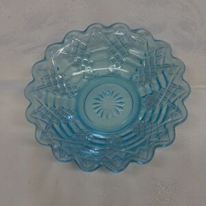 Antique blue scalloped edge etched Glass candy dish